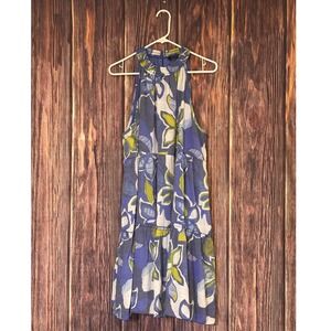 Mlle Gabrielle Dress Womens L Blue Green Floral Halter Tiered Mini Halter-neck